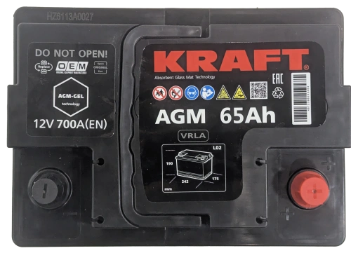 Фото Аккумулятор KRAFT AGM 65 Ач, 700 А, 12 v, Обратная R+ (0), DIN L2, B13