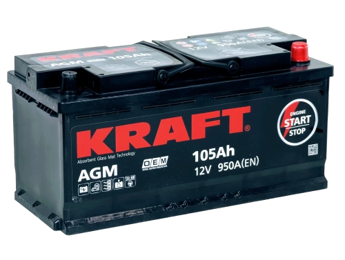 Фото Аккумулятор KRAFT AGM 105 Ач, 950 А, 12 v, Обратная R+ (0), DIN L6, B13