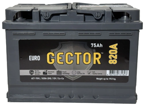 Фото Аккумулятор GECTOR (АЗ им. Н.М. Игнатьева - АКОМ) 75 Ач, 820 А, 12 v, Обратная R+, DIN L3