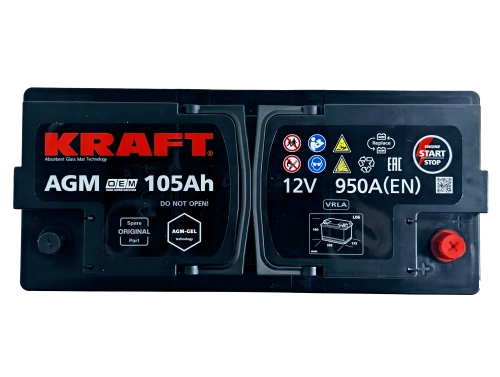Фото Аккумулятор KRAFT AGM 105 Ач, 950 А, 12 v, Обратная R+ (0), DIN L6, B13