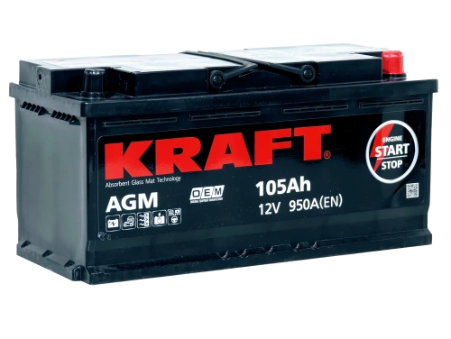 Фото Аккумулятор KRAFT AGM 105 Ач, 950 А, 12 v, Обратная R+ (0), DIN L6, B13
