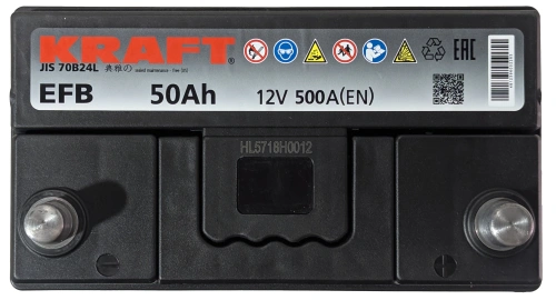 Фото Аккумулятор KRAFT EFB 50 Ач, 500 А, 12 v, Обратная R+ (0), JIS B24