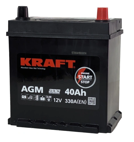 Фото Аккумулятор KRAFT AGM 40 Ач с бортом, 330 А, 12 v, Обратная R+ (0), JIS B19, B00