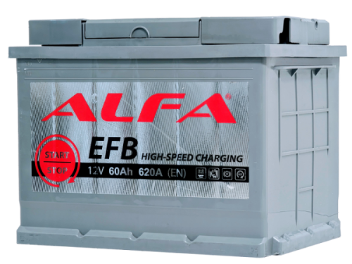 Аккумулятор ALFA EFB 60 Ач, 620 А, 12 v, Обратная R+ (0), DIN L2, B13