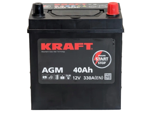 Фото Аккумулятор KRAFT AGM 40 Ач, 330 А, 12 v, Обратная R+ (0), JIS B19, B00