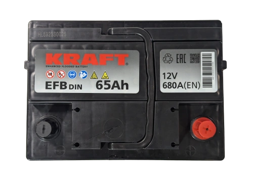 Фото Аккумулятор KRAFT EFB 65 Ач, 680 А, 12 v, Обратная R+ (0), DIN L2, B13