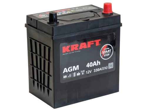 Фото Аккумулятор KRAFT AGM 40 Ач, 330 А, 12 v, Обратная R+ (0), JIS B19, B00