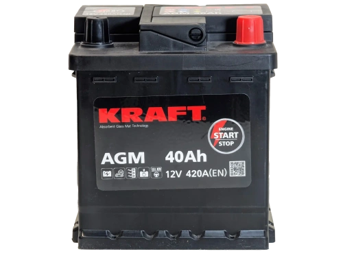 Фото Аккумулятор KRAFT AGM 40 Ач, 420 А, 12 v, Обратная R+ (0), DIN L0, B13