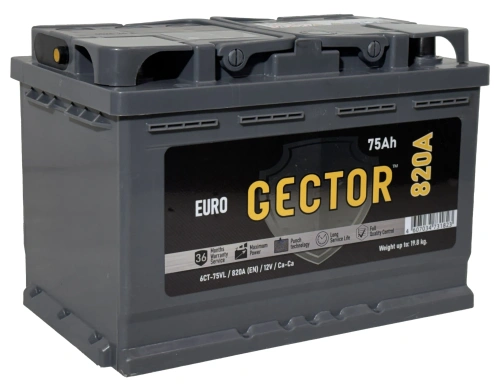 Фото Аккумулятор GECTOR (АЗ им. Н.М. Игнатьева - АКОМ) 75 Ач, 820 А, 12 v, Обратная R+, DIN L3