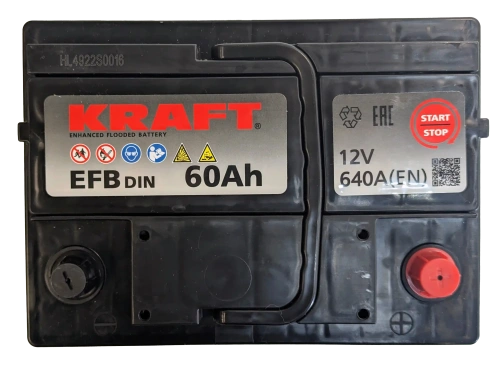 Фото Аккумулятор KRAFT EFB 60 Ач, 640 А, 12 v, Обратная R+ (0), DIN L2, B13