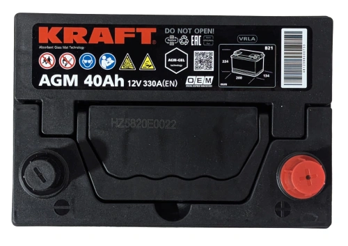 Фото Аккумулятор KRAFT AGM 40 Ач с бортом, 330 А, 12 v, Обратная R+ (0), JIS B19, B00