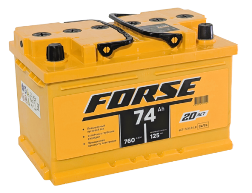 Фото Аккумулятор FORSE 74 Ач низк, 760 А, 12 v, Обратная R+ (0), DIN LB3, B13