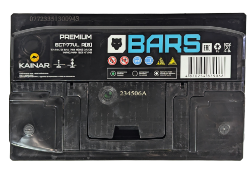 Фото Аккумулятор BARS Premium 77 Ач, 750 А, 12 v, Обратная R+ (0), DIN L3, B13