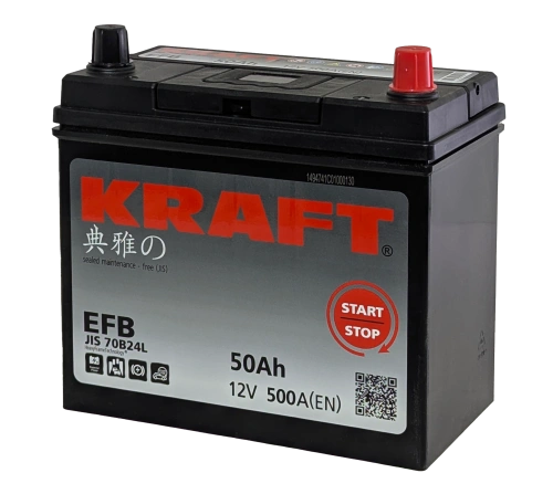 Фото Аккумулятор KRAFT EFB 50 Ач, 500 А, 12 v, Обратная R+ (0), JIS B24