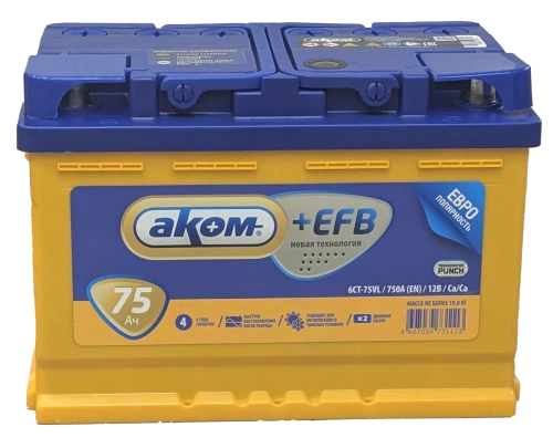 Фото Аккумулятор AKOM EFB 75 Ач, 750 А, 12 v, Обратная R+ (0), DIN L3, B13
