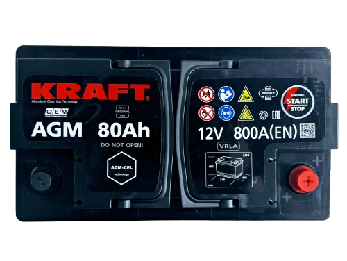 Фото Аккумулятор KRAFT AGM 80 Ач, 800 А, 12 v, Обратная R+ (0), DIN L4, B13