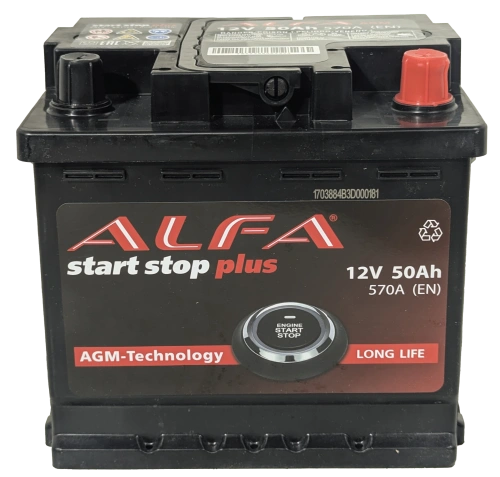 Фото Аккумулятор ALFA AGM 50 Ач, 570 А, 12 v, Обратная R+ (0), DIN L1, B13
