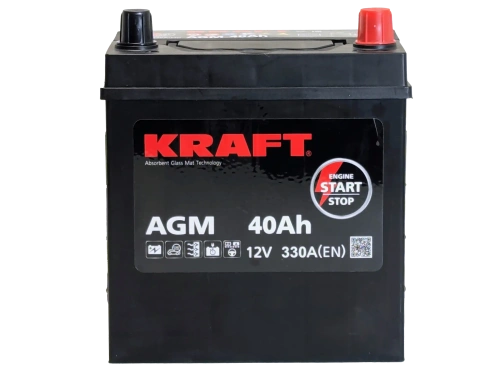 Фото Аккумулятор KRAFT AGM 40 Ач, 330 А, 12 v, Обратная R+ (0), JIS B19, B00