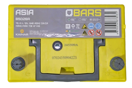Фото Аккумулятор BARS Asia 75 Ач, 640 А, 12 v, Обратная R+ (0), JIS D26, B13