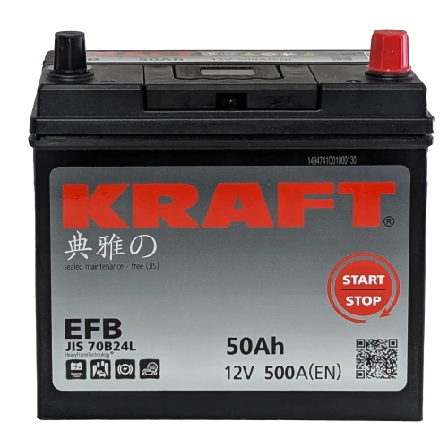 Фото Аккумулятор KRAFT EFB 50 Ач, 500 А, 12 v, Обратная R+ (0), JIS B24