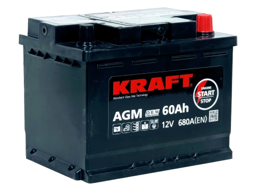 Фото Аккумулятор KRAFT AGM 60 Ач, 680 А, 12 v, Обратная R+ (0), DIN L2, B13