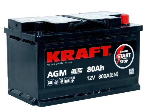 Фото Аккумулятор KRAFT AGM 80 Ач, 800 А, 12 v, Обратная R+ (0), DIN L4, B13