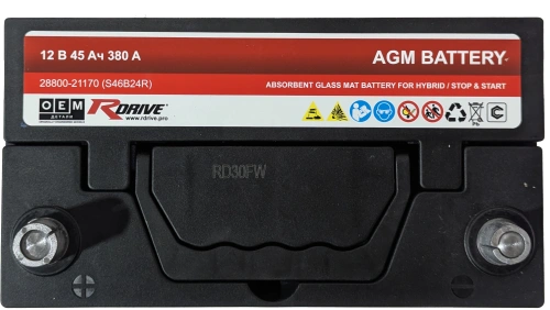 Фото Аккумулятор RDrive AGM Asia 45Ач, 380 А, Прямая L+ (1), JIS B24, B00