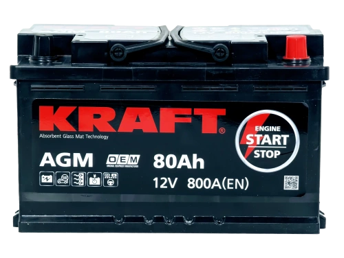 Фото Аккумулятор KRAFT AGM 80 Ач, 800 А, 12 v, Обратная R+ (0), DIN L4, B13