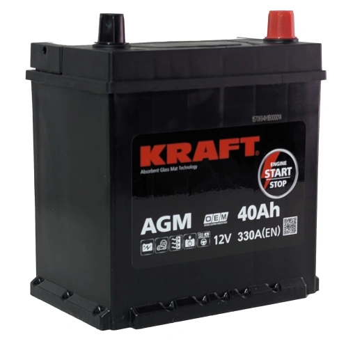 Фото Аккумулятор KRAFT AGM 40 Ач с бортом, 330 А, 12 v, Обратная R+ (0), JIS B19, B00