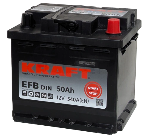 Фото Аккумулятор KRAFT EFB 50 Ач, 540 А, 12 v, Обратная R+ (0), DIN L1
