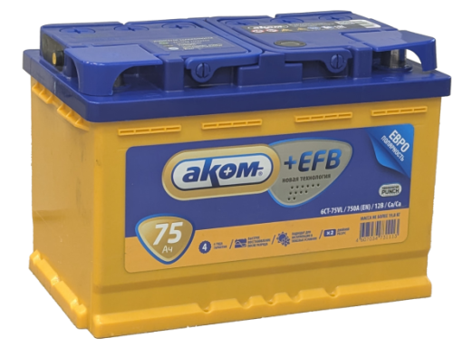 Фото Аккумулятор AKOM EFB 75 Ач, 750 А, 12 v, Обратная R+ (0), DIN L3, B13