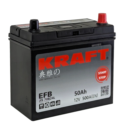 Фото Аккумулятор KRAFT EFB 50 Ач, 500 А, 12 v, Обратная R+ (0), JIS B24
