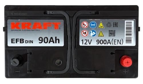 Фото Аккумулятор KRAFT EFB 90 Ач, 900 А, 12 v, Обратная R+ (0), DIN L4, B13