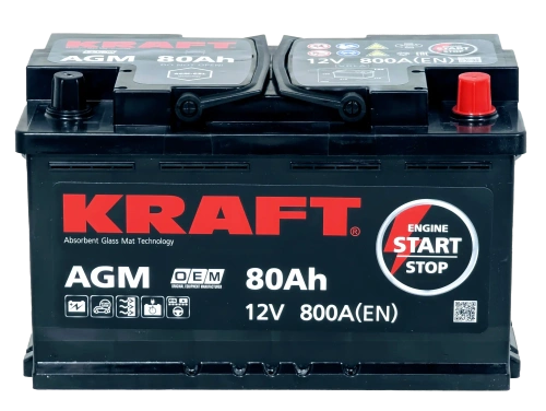 Фото Аккумулятор KRAFT AGM 80 Ач, 800 А, 12 v, Обратная R+ (0), DIN L4, B13