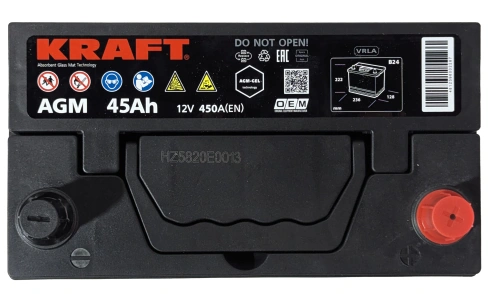 Фото Аккумулятор KRAFT AGM 45 Ач, 450 А, 12 v, Обратная R+ (0), JIS B24, B00