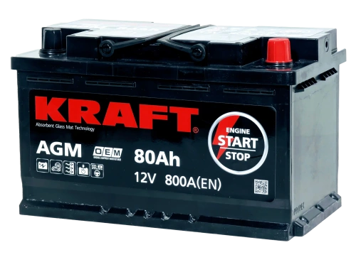 Фото Аккумулятор KRAFT AGM 80 Ач, 800 А, 12 v, Обратная R+ (0), DIN L4, B13