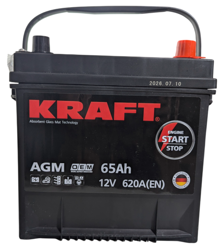 Фото Аккумулятор KRAFT AGM Asia 65 Ач, 620 А, 12 v, Обратная (R+), JIS D23