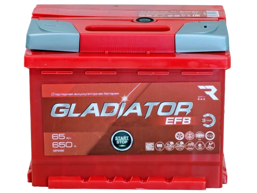 Фото Аккумулятор GLADIATOR EFB 12v, 65Ah, 650A, R+(0), L2, B13