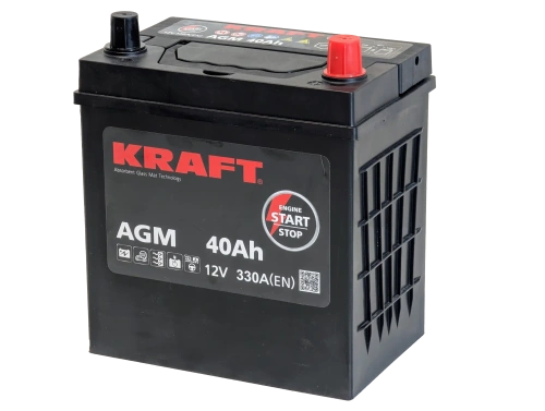 Фото Аккумулятор KRAFT AGM 40 Ач, 330 А, 12 v, Обратная R+ (0), JIS B19, B00