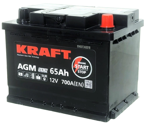 Фото Аккумулятор KRAFT AGM 65 Ач, 700 А, 12 v, Обратная R+ (0), DIN L2, B13