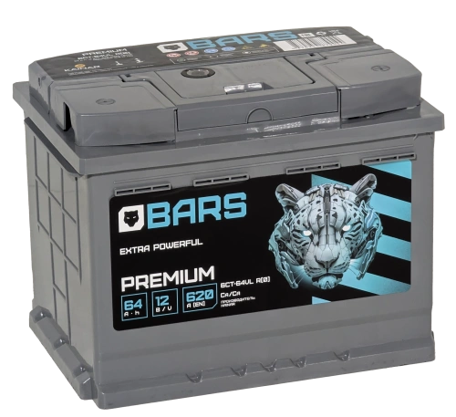 Фото Аккумулятор BARS Premium 64 Ач, 620 А, 12 v, Обратная R+ (0), DIN L2, B13