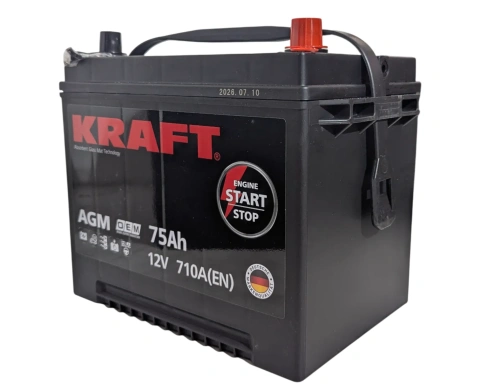 Фото Аккумулятор KRAFT AGM Asia 75 Ач, 710 А, 12 v, Обратная (R+), JIS D26
