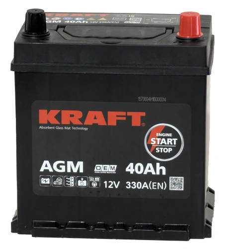 Фото Аккумулятор KRAFT AGM 40 Ач с бортом, 330 А, 12 v, Обратная R+ (0), JIS B19, B00