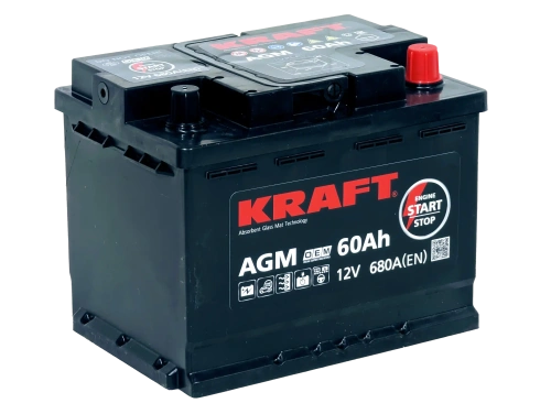 Фото Аккумулятор KRAFT AGM 60 Ач, 680 А, 12 v, Обратная R+ (0), DIN L2, B13
