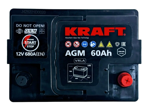 Фото Аккумулятор KRAFT AGM 60 Ач, 680 А, 12 v, Обратная R+ (0), DIN L2, B13