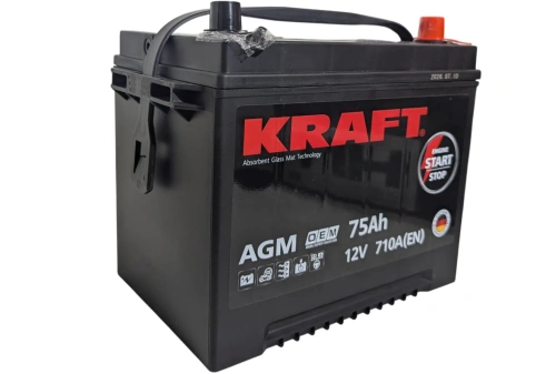 Фото Аккумулятор KRAFT AGM Asia 75 Ач, 710 А, 12 v, Обратная (R+), JIS D26