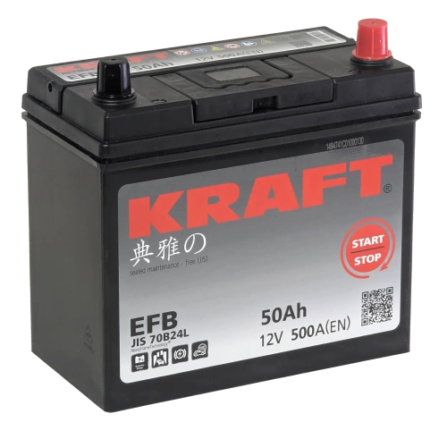 Фото Аккумулятор KRAFT EFB 50 Ач, 500 А, 12 v, Обратная R+ (0), JIS B24