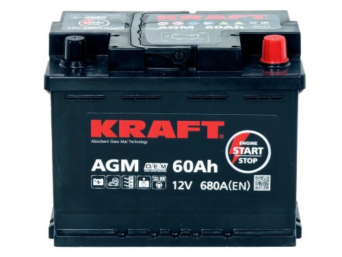 Фото Аккумулятор KRAFT AGM 60 Ач, 680 А, 12 v, Обратная R+ (0), DIN L2, B13