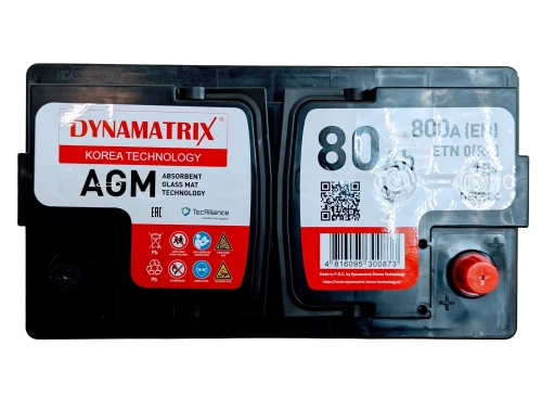 Фото Аккумулятор DYNAMATRIX AGM 80 Ач, 800 А, 12 v, Обратная R+ (0), DIN L4, B13