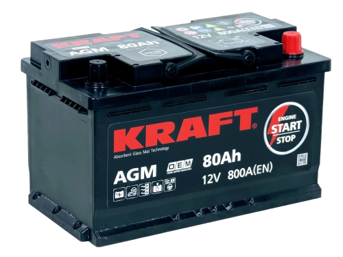 Фото Аккумулятор KRAFT AGM 80 Ач, 800 А, 12 v, Обратная R+ (0), DIN L4, B13